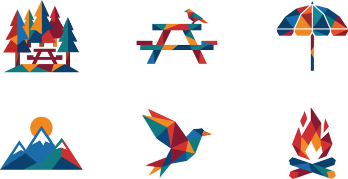 Low poly geometric outdoor camping icon set, abstract colorful origami style nature elements pack with mountains forest picnic table umbrella bird and campfire