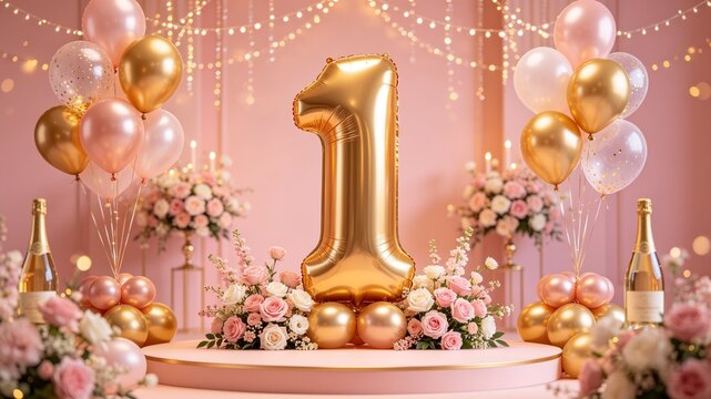 Luxurious 1st birthday party setup with a gold foil number one balloon, pink pastel balloons, roses, champagne, and fairy lights backdrop
