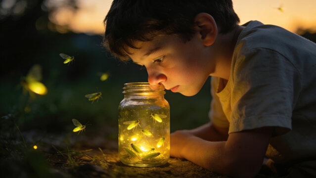 Curious boy looking at fireflies in a jar at twilight