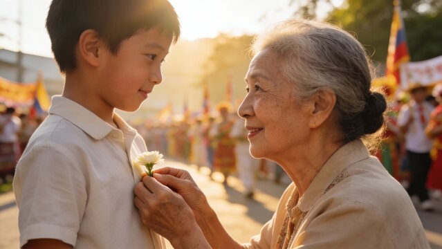 Grandmother pins flower on grandson during outdoor festival, heartwarming family moment