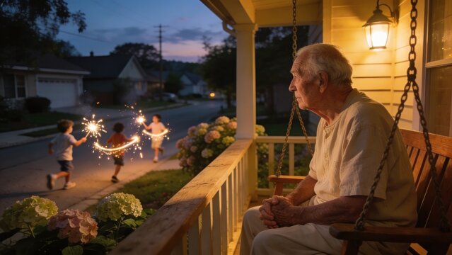 Elderly man watches children play with sparklers on porch, summer evening