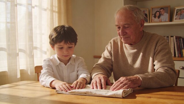 Grandfather and grandson folding laundry together at a wooden table, learning a life skill.