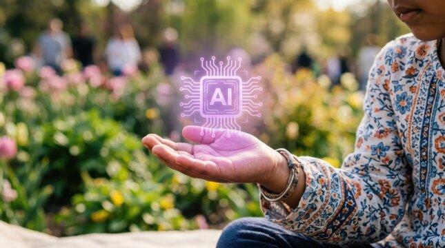 Woman holding holographic AI processor in hand. Digital artificial intelligence concept for future technology. Automation and innovation in modern society. Futuristic smart world connection.