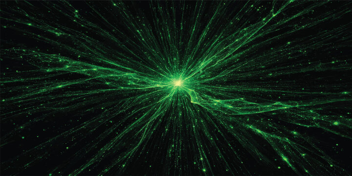 Abstract green and blue cosmic space background with glowing stars and fractal energy burst, futuristic galaxy light pattern, neon glow, motion and texture