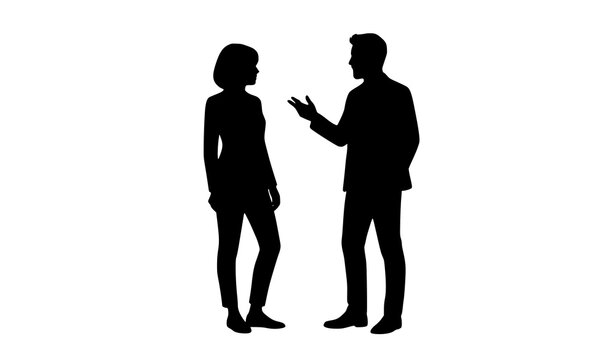 Black and white silhouettes of man and woman talking face to face isolated on white background