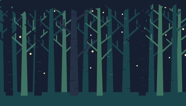 Enchanting dark forest scene at night with tall thin tree silhouettes and magical glowing fireflies floating in the air.
