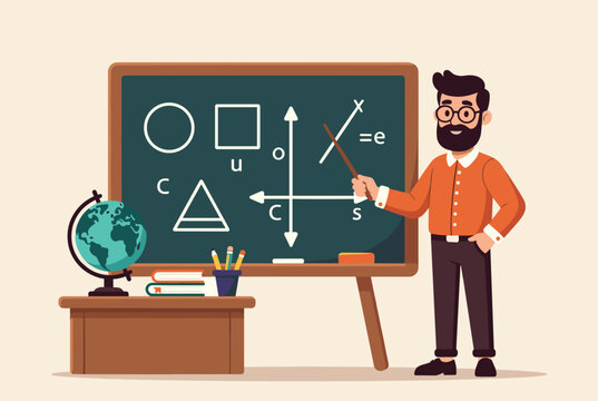 Smiling male math teacher in glasses pointing at geometry diagrams on a classroom blackboard with globe and books.