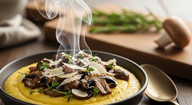 Creamy polenta topped with saut?ed mushroom and thyme