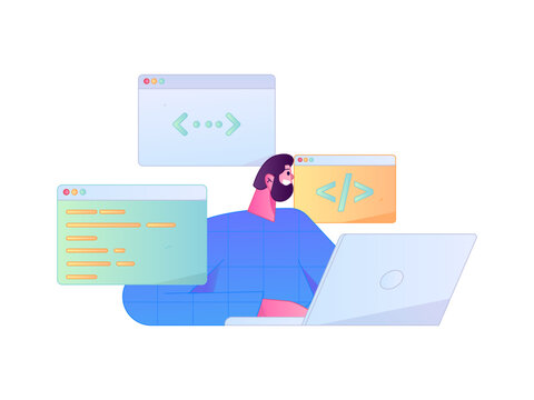 Programming teaching development flat character vector concept operation hand drawn illustration
