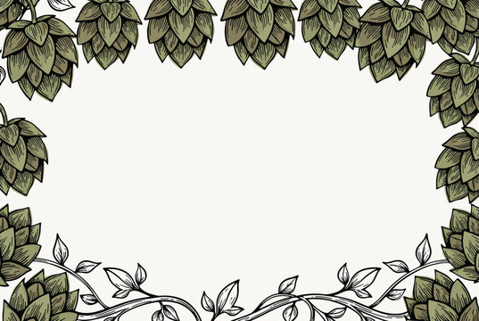Decorative border frame composed of hand-drawn green hops and detailed leaves surrounding a blank white central space.