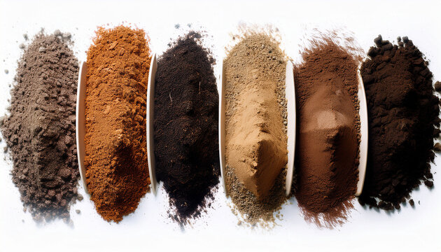 Six Different Types Of Soil Isolated On A White Background The Soil Samples Are Arranged In A Row With The Lightest Soil On The Left And The Darkest Soil On The Right