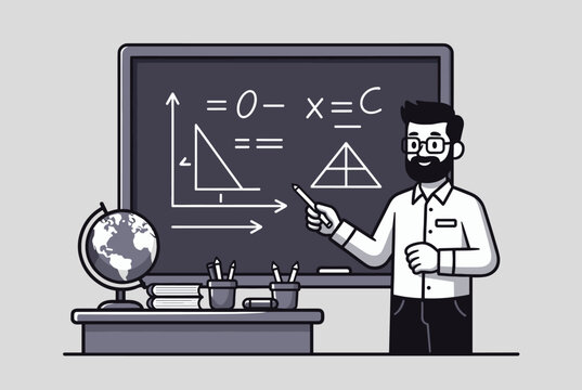 Monochromatic classroom teacher character pointing at detailed geometry shapes on a blackboard with desk globe.