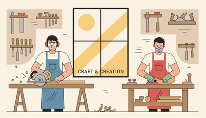 Fototapeta premium Two professional male carpenters working with saw and plane in wood workshop surrounded by tools and equipment.