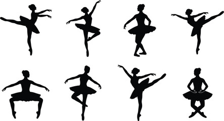 Graceful ballerina silhouettes set performing classical ballet dance poses isolated on white background © MDGOLAP