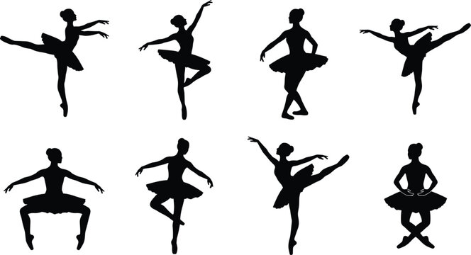 Graceful ballerina silhouettes set performing classical ballet dance poses isolated on white background