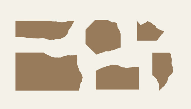 Collection of realistic torn brown paper pieces with rough edges arranged on light beige background for collages.