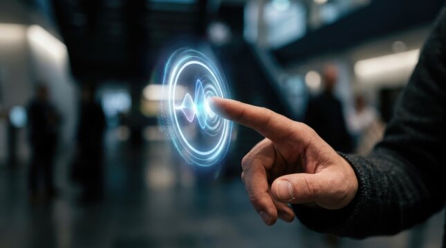 Man finger touching virtual voice assistant button. AI chatbot interface with sound wave visualization. Futuristic technology for smart device control and digital communication concept.