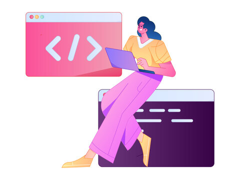 Programming teaching development flat character vector concept operation hand drawn illustration
