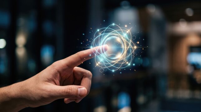 Man touching glowing digital neural network sphere. Artificial intelligence concept interface with data visualization. Innovation in machine learning and future digital computing technology.