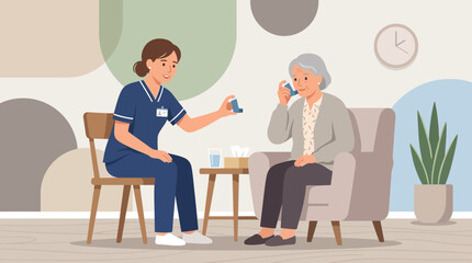Obraz premium Nurse Helps Elderly Woman Use Inhaler for Asthma Relief