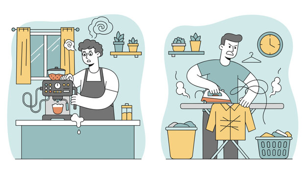 Frustrated men struggling with everyday domestic chores like using an overflowing coffee maker and ironing a shirt.