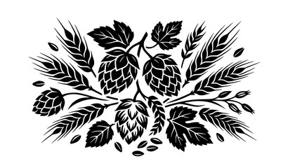 Obraz premium Vintage Beer Brewing Ingredients Engraving Graphic with Hop Cones and Wheat Ears for Craft Brewery Logos Pub Menus and Alcohol Product Packaging Designs