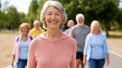 Obraz premium Smiling senior woman leads a diverse group on a sunny park walk