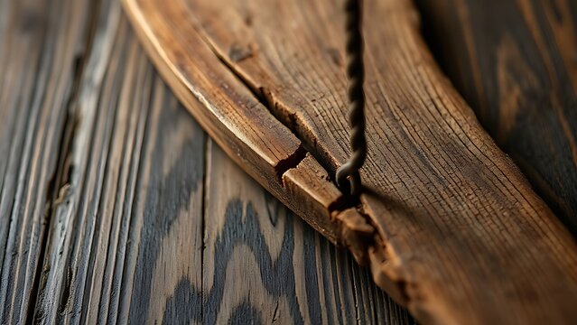 A wooden plank bent under weight, showing stress lines and texture.