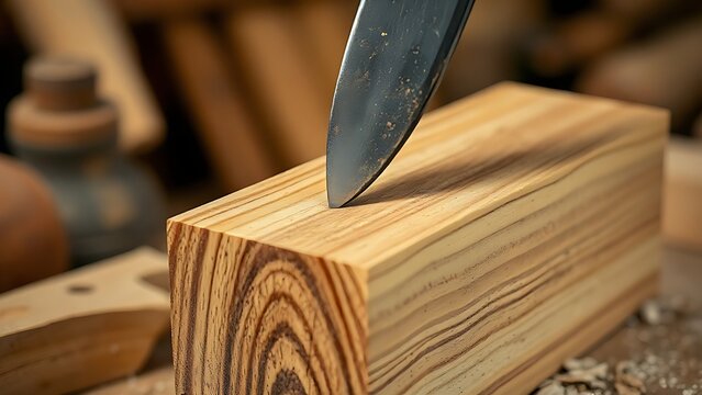 A woodworking chisel carving the grain of an oak block, wood shavings.