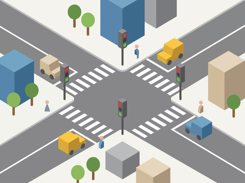 Isometric city street intersection with cars, traffic lights, and pedestrians
