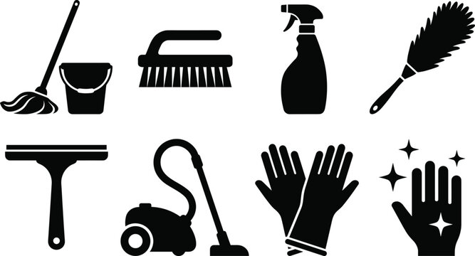 House cleaning service icons set featuring vacuum cleaner mop rubber gloves isolated on white background