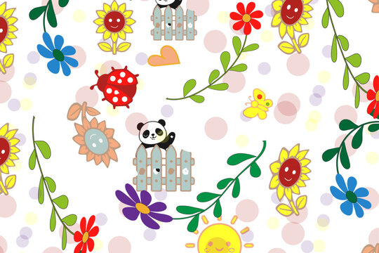 Kawaii garden seamless pattern with cute panda, ladybug and smiling sunflowers. Colorful floral vector background for kids textile and nursery decor.