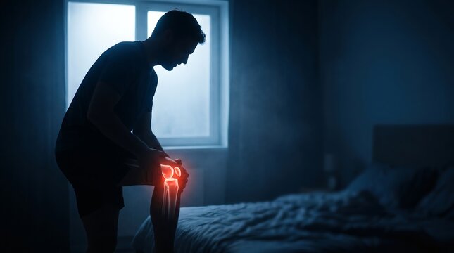 A silhouette of a man in his room, clutching his knee in visible pain, depicting the personal struggle with chronic joint discomfort and the silent quest for relief and recovery