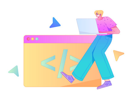 Programming teaching development flat character vector concept operation hand drawn illustration
