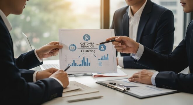 Marketing team analyzing customer behavior data and charts during a business meeting