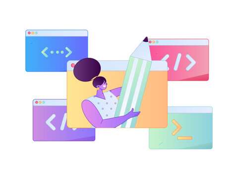 Programming teaching development flat character vector concept operation hand drawn illustration
