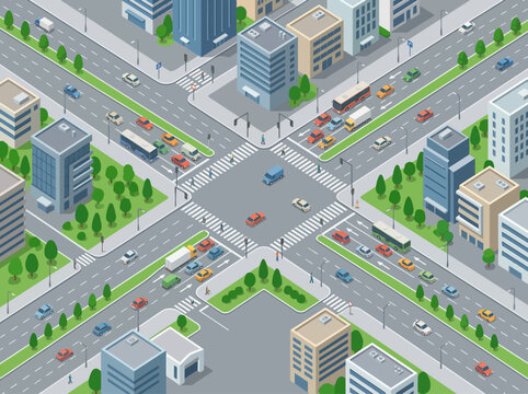 Busy City Intersection: Isometric View of Traffic, Buildings, and Roads