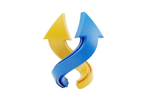 Intertwined yellow and blue arrows isolated on transparent background for direction and change concepts