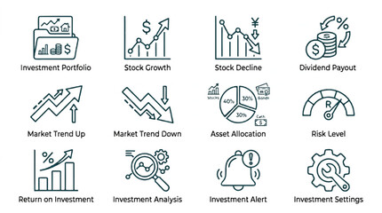 Fototapeta premium Infographic illustrating investment concepts such as portfolio management, diversification, asset allocation, and market trends.