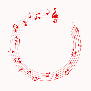 Red heart shape music notes, round musical border, vector illustration.