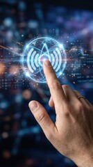 Fototapeta premium Man hand touching glowing digital signal interface in virtual space. Artificial intelligence connection and wireless communication technology. Innovative data network and cyber connectivity.