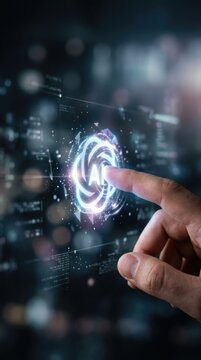 Human finger touching digital AI icon on futuristic screen. Artificial intelligence technology, machine learning and neural network connection. Concept of innovative software interaction.