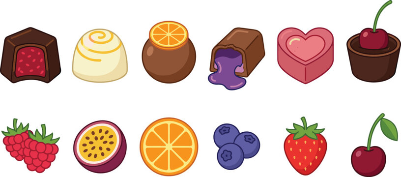 Fruit Filled Chocolate and Candy Collection with Berry Pralines Sweet Confectionery and Fresh Fruit Elements for Dessert Vector Designs