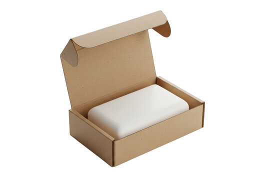 Natural soap bar inside a simple brown cardboard box isolated on a transparent background