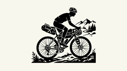 Fototapeta premium A cyclist rides a bicycle through a scenic mountain trail on a sunny day with a backpack.