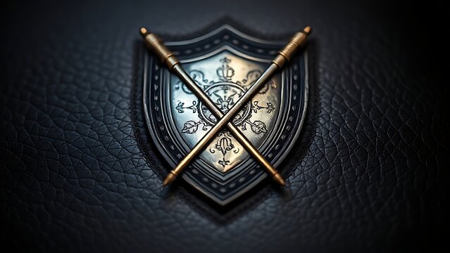 Heraldic shield emblem with crossed polearms on leather background.