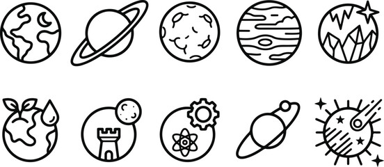 Black line icons of planets and space objects © MUKTARANI