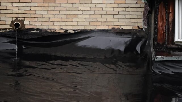 Rundown roof roofer raining flowing water, roofing industry, building renovation construction theme, bad weather.
