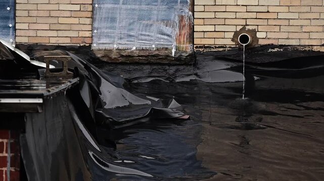 Rundown roof roofer raining flowing water, roofing industry, building renovation construction theme, bad weather.