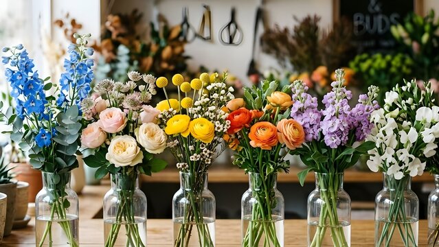 투명한 유리병 화병마다 다채롭고 화사한 색상의 생화 꽃송이들이 가득 꽂혀 정렬되어 있는 꽃집 내부 풍경
Colorful Fresh Blossom Flowers and Roses in Transparent Glass Vases Inside a Florist Flower Shop